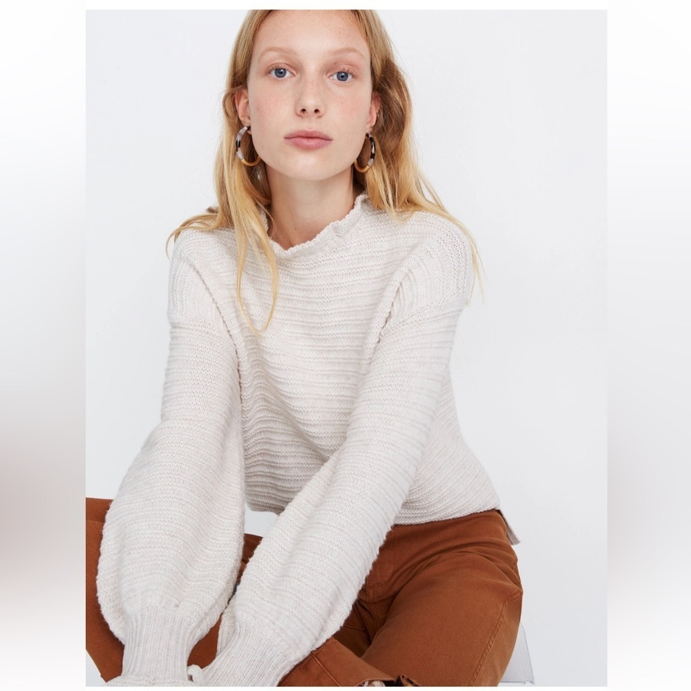 Madewell Ruffle-Neck Pullover Sweater in Cotton-Merino Yarn Small cream color